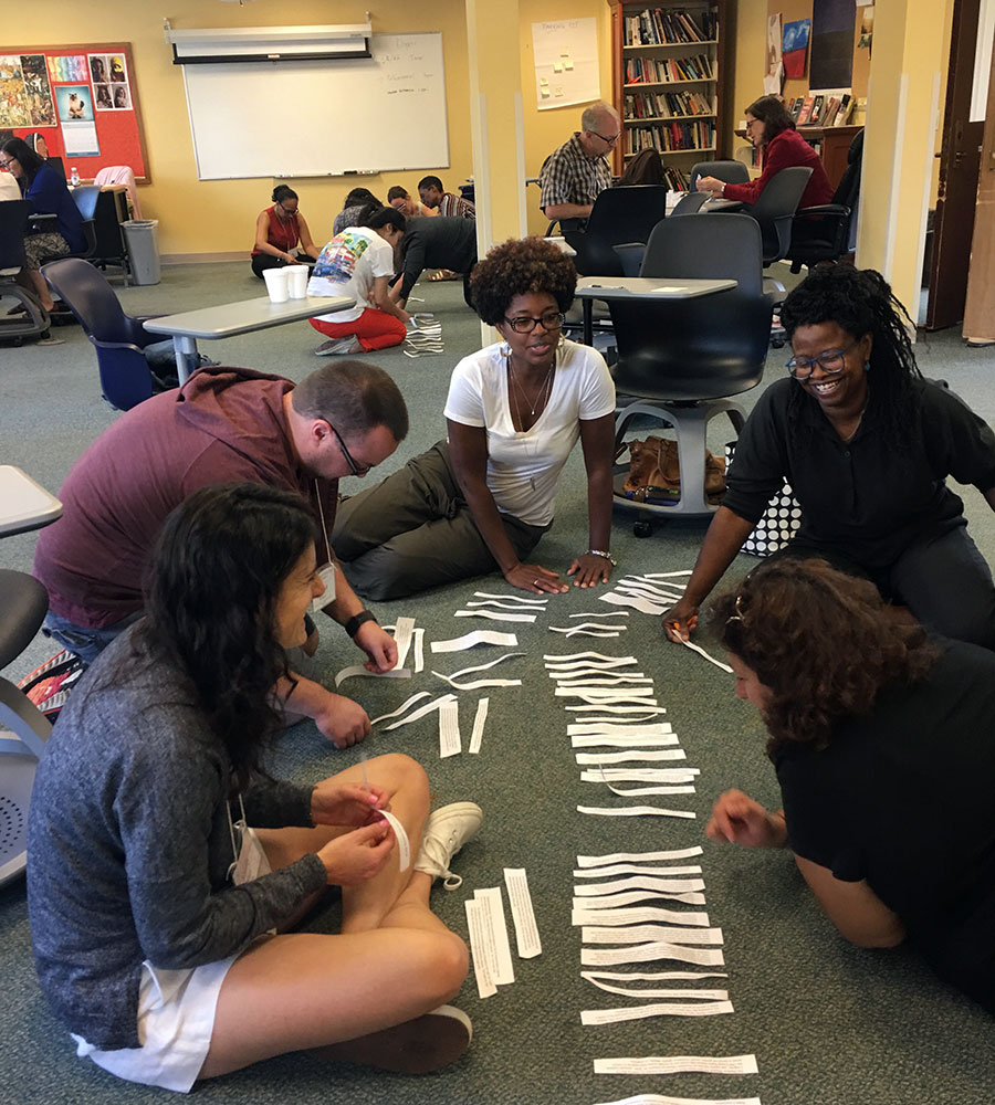 The Institute for Teaching Diversity and Social Justice is a multi-day training, available during the summer and academic year, developed by Dr. Joshi. Pictured here are participants working on an activity during a Summer Institute. 