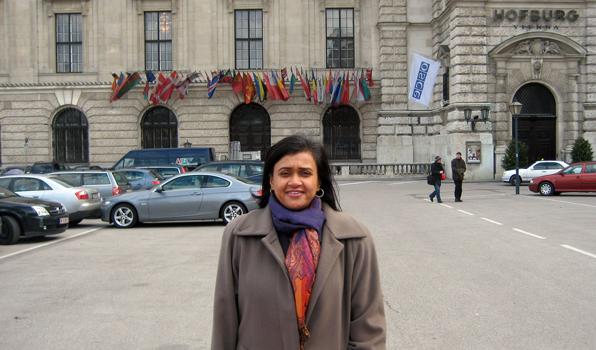 Dr. Joshi in Vienna in 2008, where she was invited to address the Organization for Security and Cooperation in Europe (OSCE) on the racialization of religion and the development of anti-hate crime policy for the countries of the OSCE.